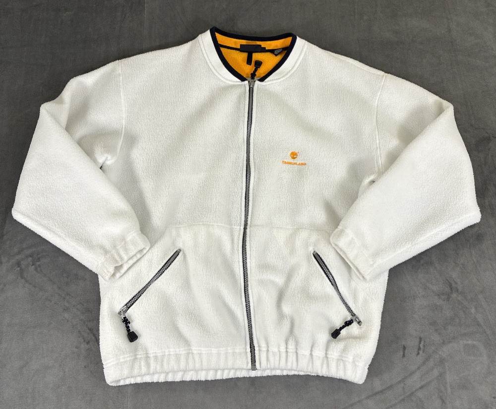 TIMBERLAND Vintage Y2K Mens White Fleece Full Zip Size Lg Mock Neck Jacket Chrty